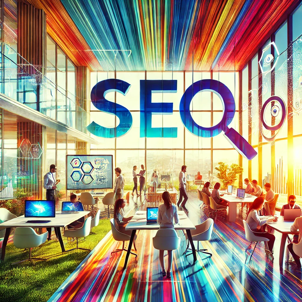 People working and collaborating in a vibrant, modern office setting with large windows showing greenery and natural light, focusing on SEO strategies and concepts.