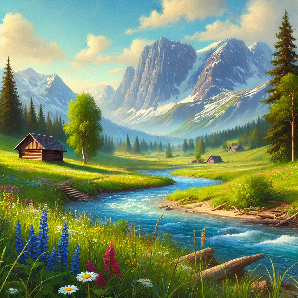 "A picturesque mountain landscape with a clear blue sky, green meadows, and a winding river. Tall, snow-capped mountains are in the background, and a wooden cabin is nestled among the trees. Wildflowers bloom in the foreground, adding vibrant colors to the scene."