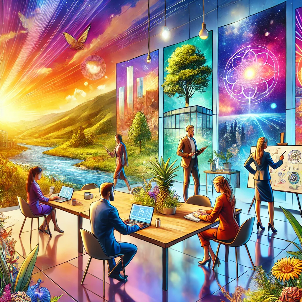 A modern, professional setting featuring individuals practicing the Law of Attraction and experiencing its benefits.