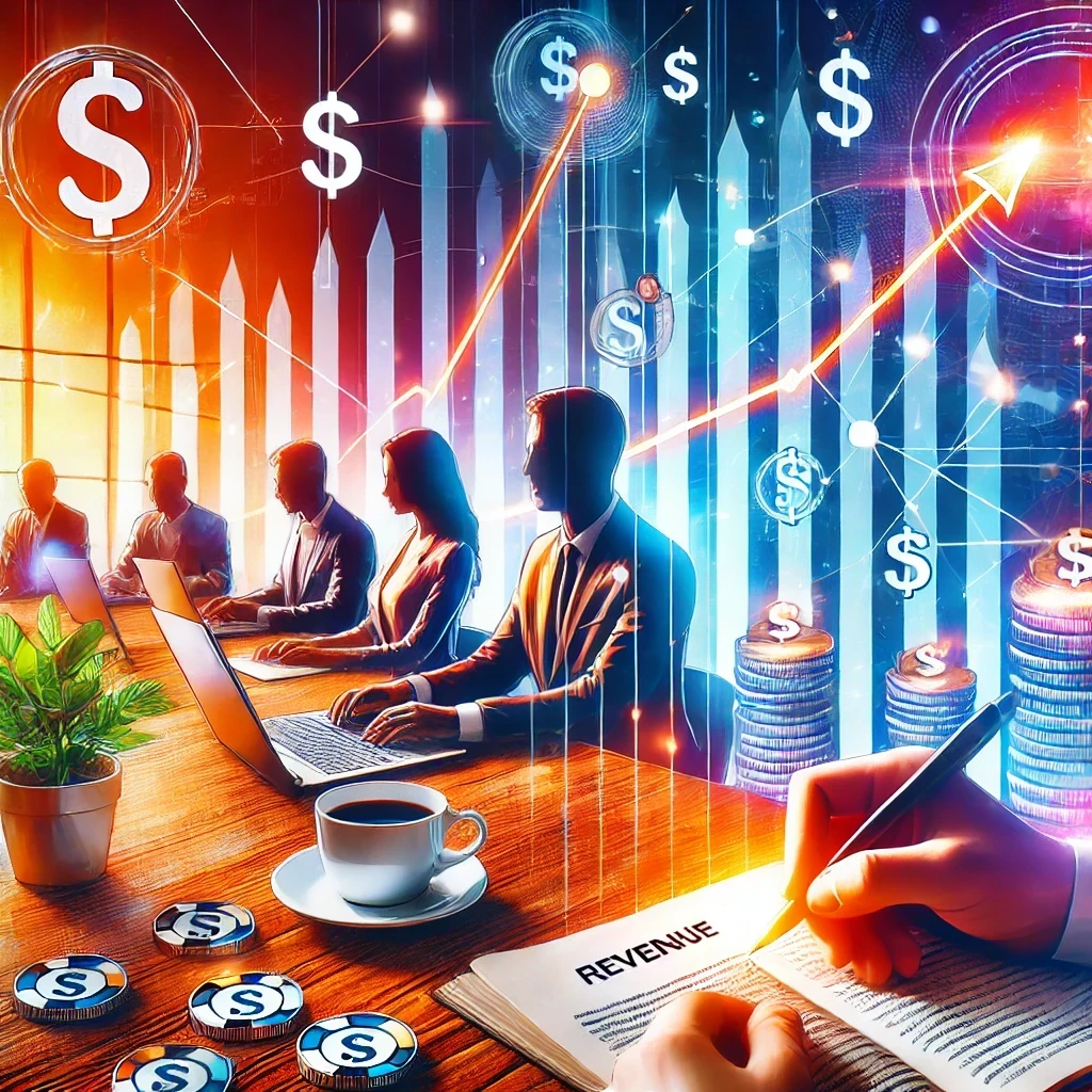 A modern, professional setting featuring individuals writing articles and experiencing financial success with the word 'REVENUE' prominently displayed in the background on a chart.