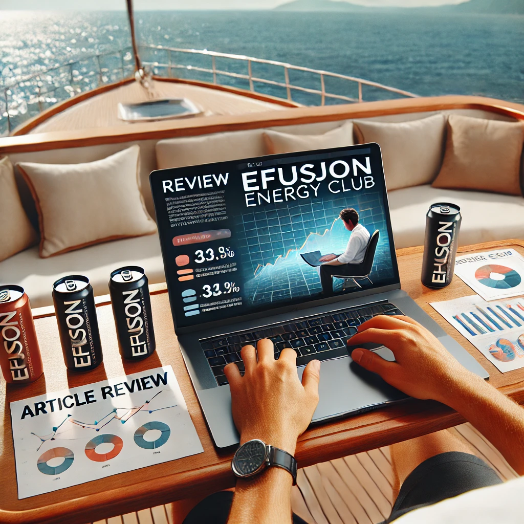 A person on a luxurious yacht reading an article review on a computer screen, with elements like energy drinks, charts, and notes surrounding them. The ocean is visible in the background on a bright and sunny day