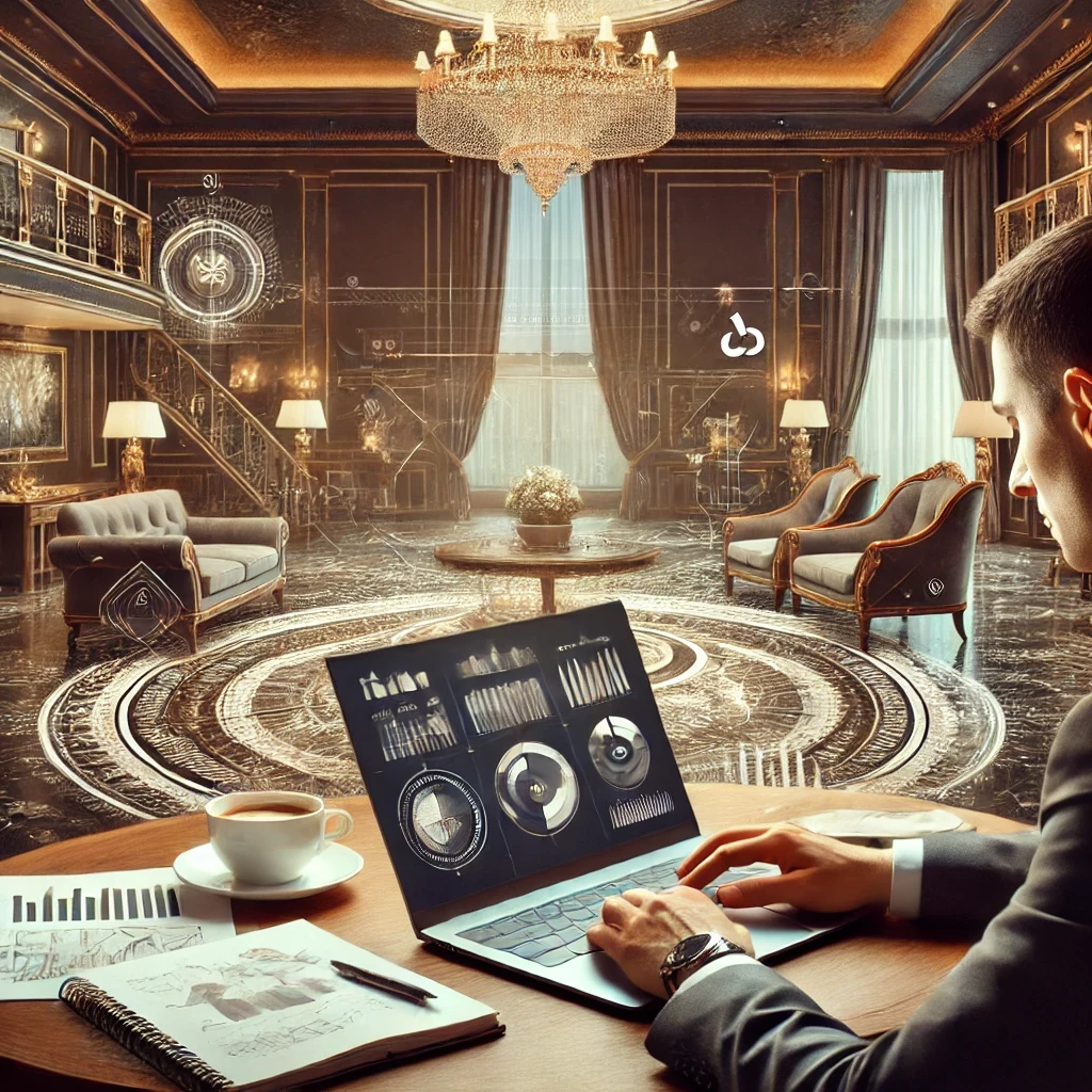 A person working on their laptop, focused on reviewing the Empower Network 100% Commissions Program, in a lavish, luxurious setting with elegant furniture and decor. Surrounding the person are elements like notebooks, charts, and a cup of coffee.