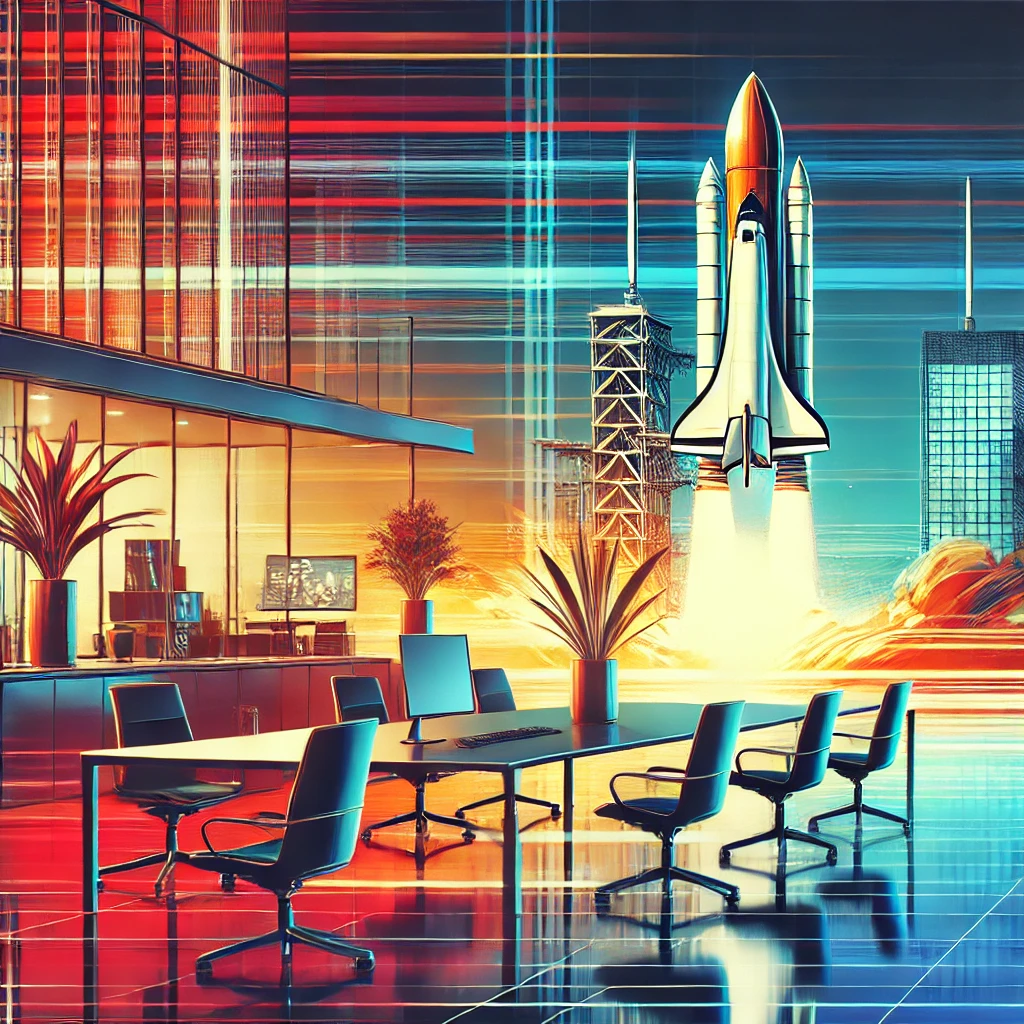A vibrant, high-resolution image featuring a modern office setting with a rocket launching in the background. The office has sleek contemporary furniture, and the scene is colorful and dynamic.