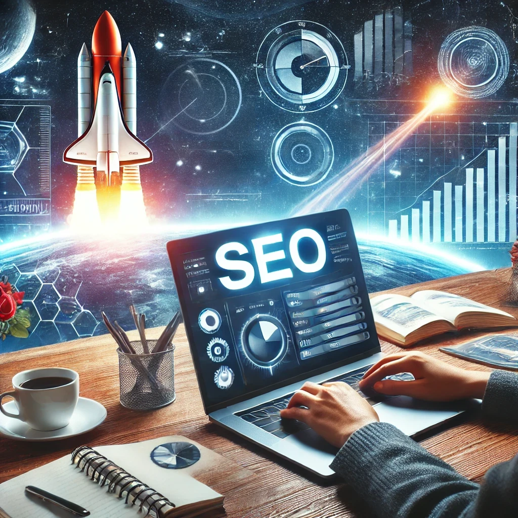 A person working on their laptop focused on SEO optimization for their blog, set against a background featuring a rocket launch. The laptop screen displays an SEO dashboard without text or words. Surrounding the person are elements like notebooks, charts, and a cup of coffee.