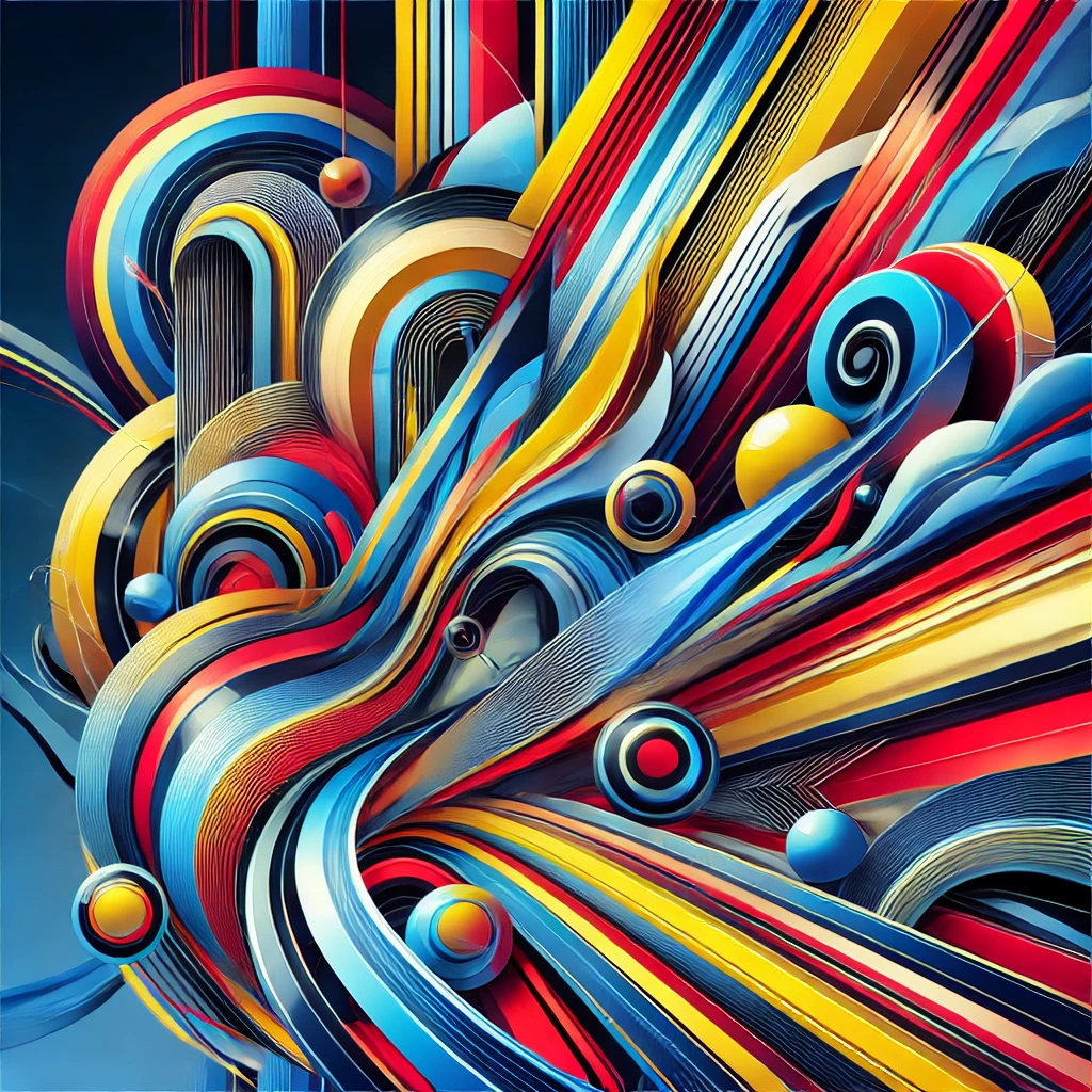A vibrant and colorful abstract digital art piece featuring a dynamic blend of shapes and patterns with bold colors like blue, red, yellow, and green. The style is modern and energetic, with a sense of movement and fluidity, and a sleek, smooth background that enhances the visual appeal.