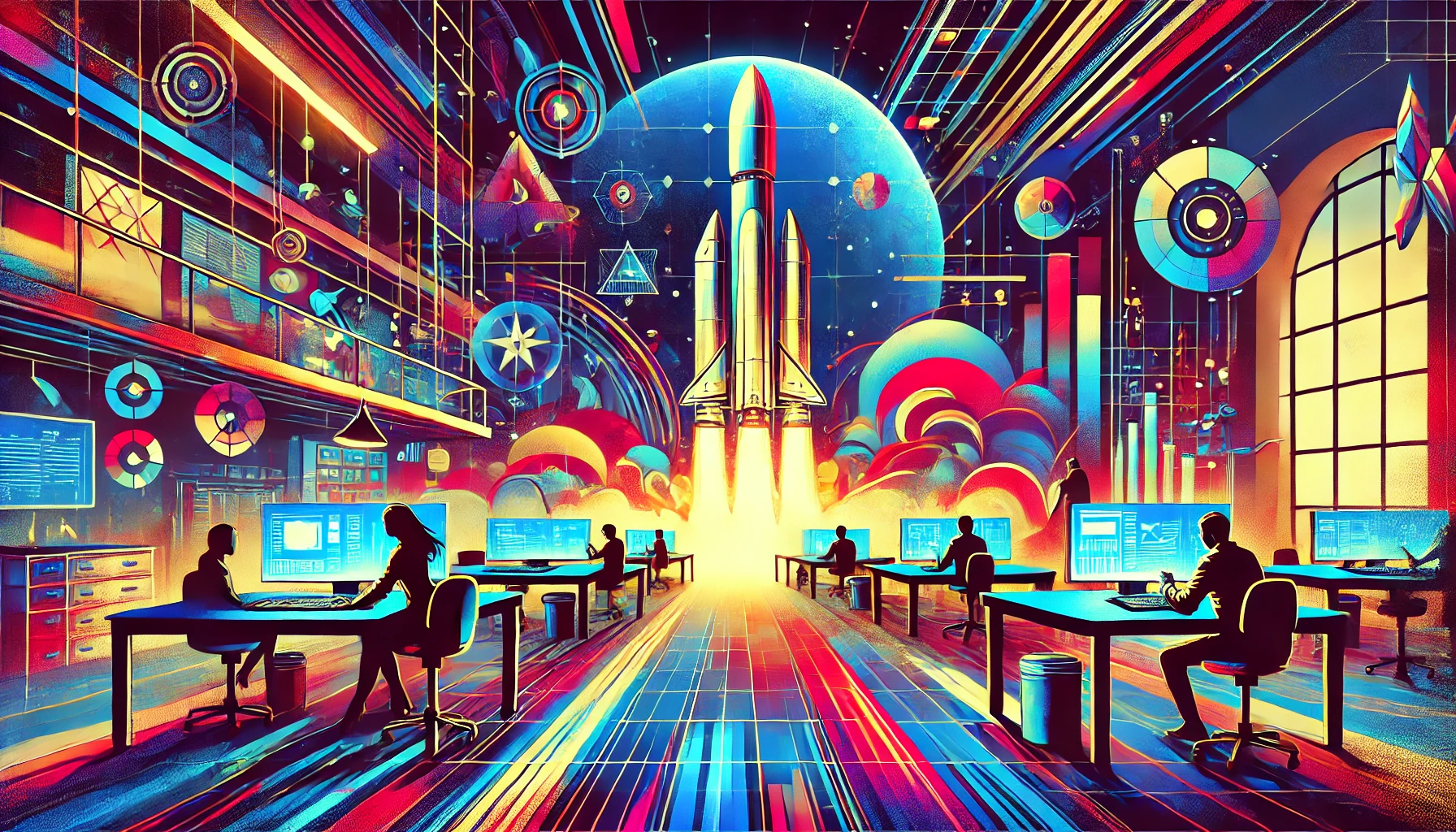 Vibrant abstract image featuring a rocket launch in the background of a cyberpunk office with people working seriously at desks and holographic displays.