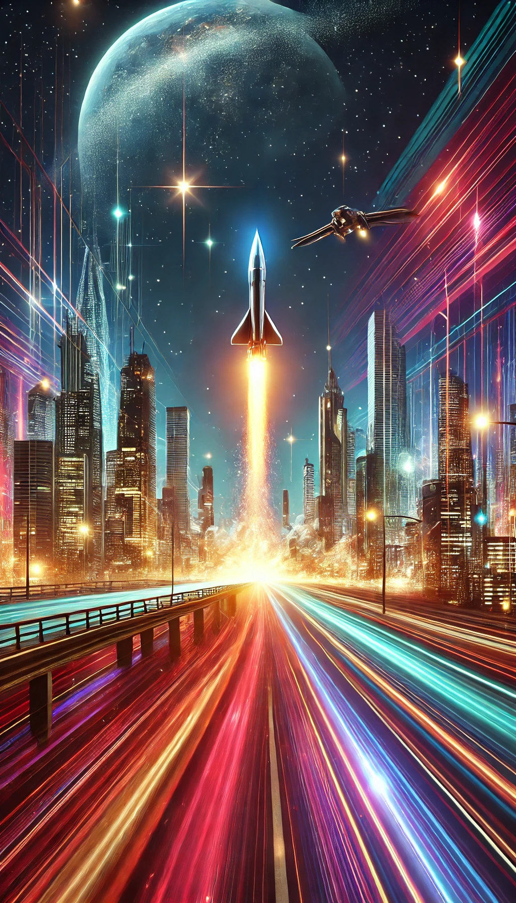 Vibrant abstract image featuring a rocket launch in the background of a futuristic cityscape at night, illuminated with neon lights and high-tech atmosphere.