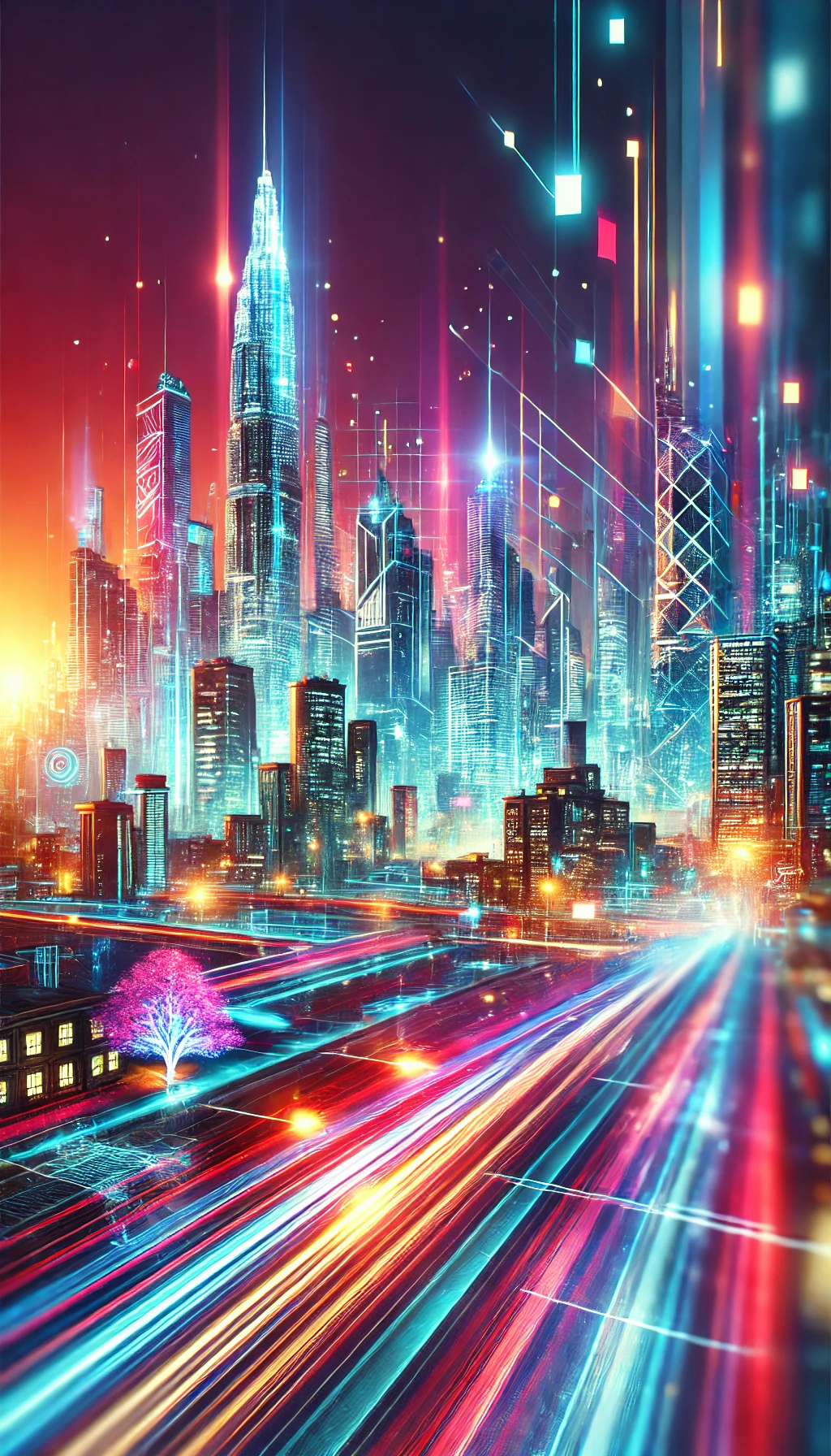 Vibrant abstract image of a futuristic cityscape at night, illuminated with neon lights and a high-tech atmosphere.