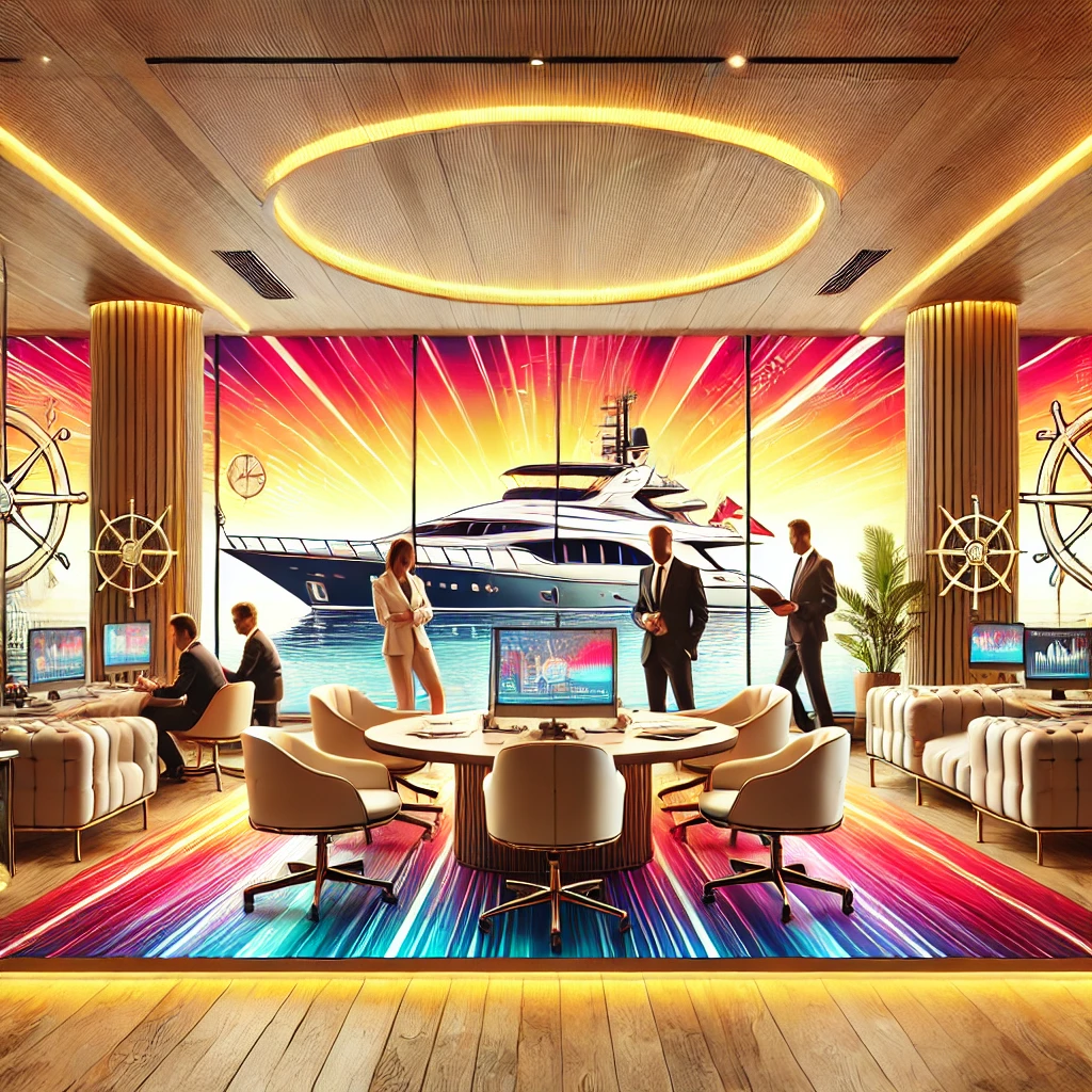 A high-resolution image featuring a lavish office setting with vibrant colors and a modern look, with a yacht in the background. People are working seriously, emphasizing a professional atmosphere.