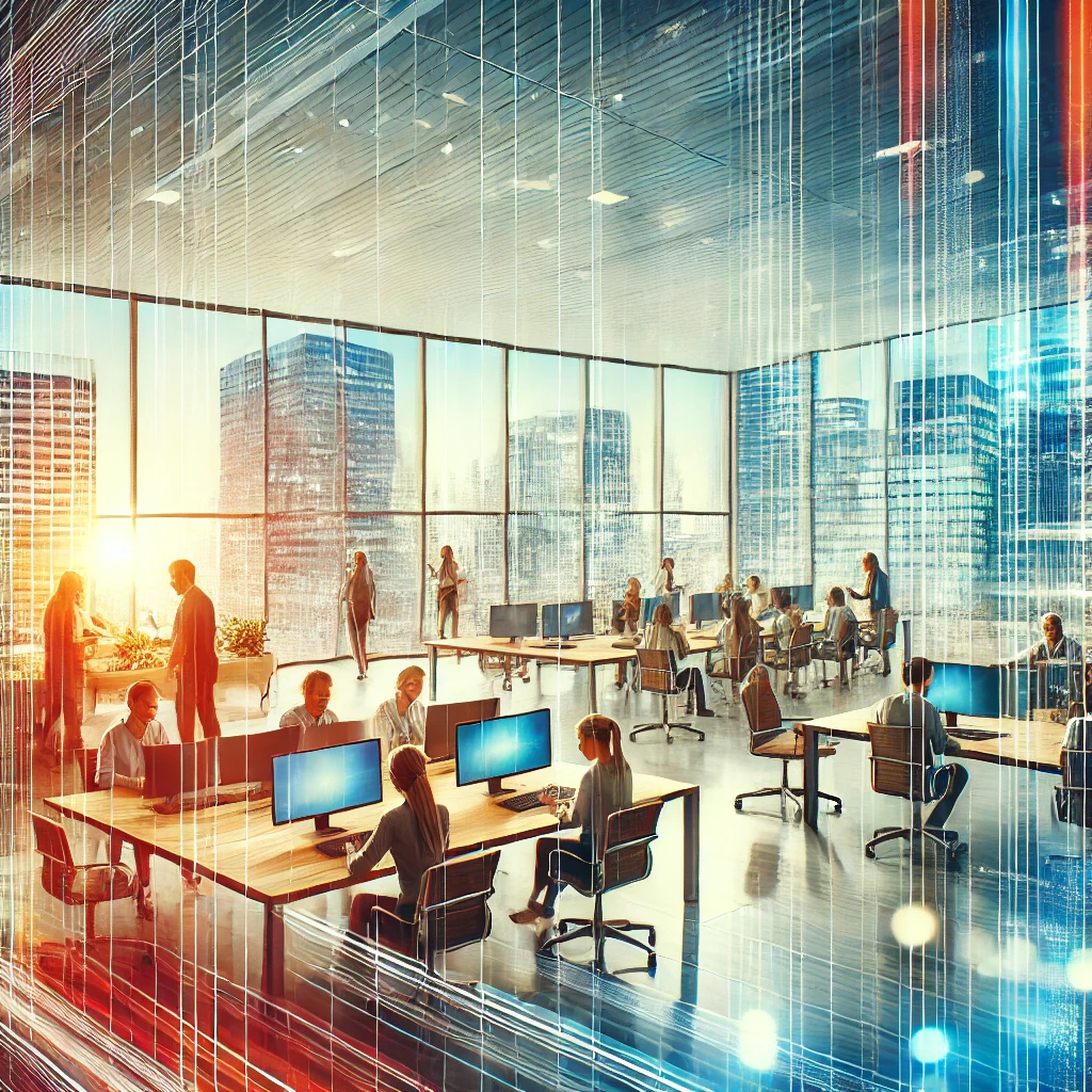 A high-resolution image featuring a modern office setting with vibrant colors and a bustling cityscape in the background. People are working on computers and discussing ideas, emphasizing a collaborative and professional atmosphere.