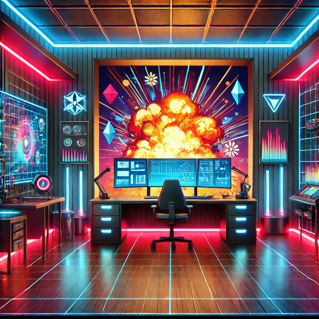 A vibrant and modern scene depicting a cyberpunk office setting with neon lights and holographic displays, featuring an explosion in the background.