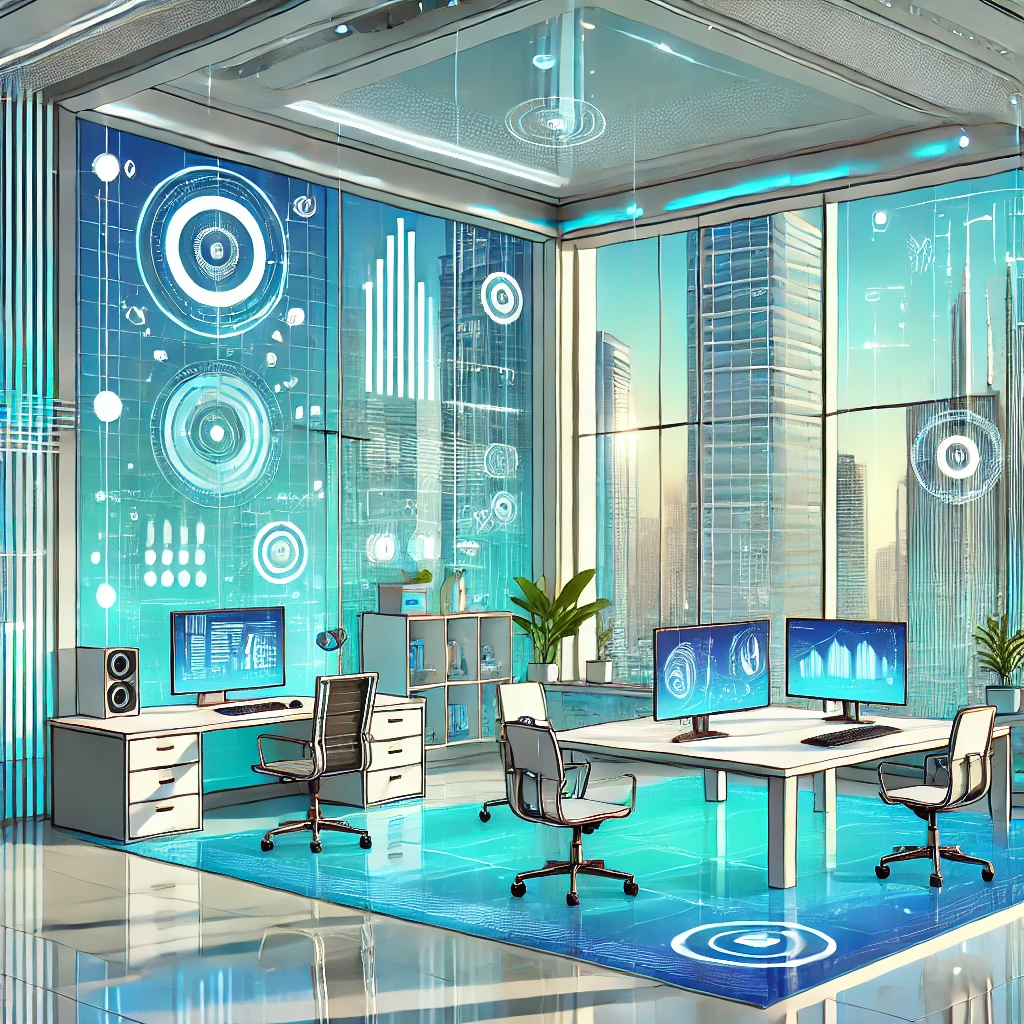 "A vibrant and modern illustration featuring a futuristic office setup with large windows overlooking a cityscape. The office is filled with sleek, high-tech furniture, holographic displays, and advanced gadgets. The color scheme is bright and engaging, using shades of blue, green, and white."
