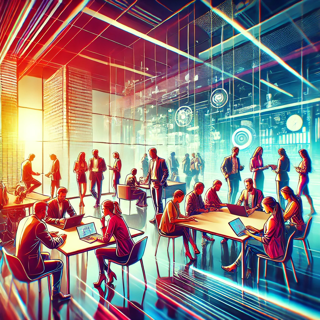 "A vibrant and modern illustration of a diverse team working together in a sleek, high-tech office. The background shows a collaborative workspace with people engaging in discussions, using laptops and tablets, and brainstorming ideas on a whiteboard. The scene is dynamic and inspiring, with bright colors and a professional atmosphere, emphasizing the importance of teamwork in achieving goals."