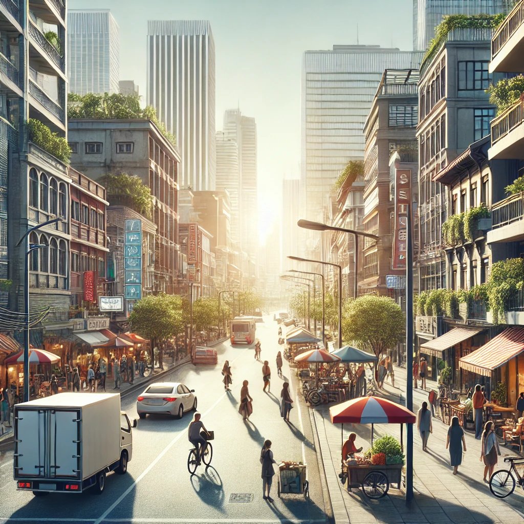 "A bustling city street scene with people walking on sidewalks, street vendors selling their goods, and a variety of shops and cafes lining the street. There are cars and bicycles on the road, and the buildings are a mix of modern and old architecture. The sky is clear with the sun shining brightly, creating a lively and vibrant atmosphere."