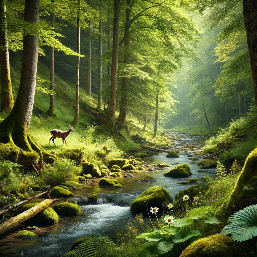 A tranquil forest scene with a clear stream flowing through it. Tall trees with lush green leaves, rocks covered in moss, and wildflowers blooming along the stream. Sunlight filters through the canopy, creating dappled light on the forest floor. A deer drinks water from the stream, adding a touch of wildlife to the serene landscape.