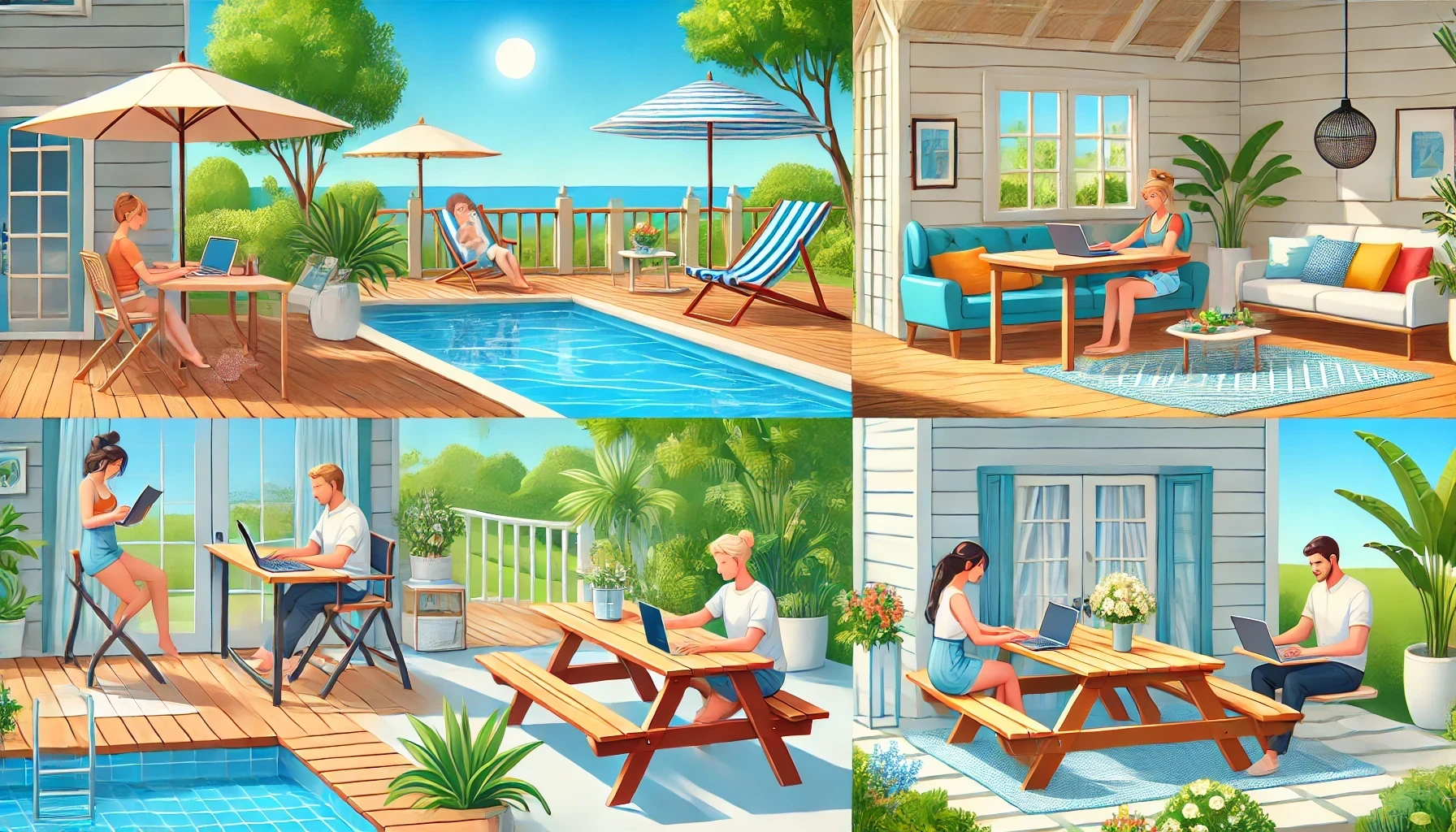 An outdoor home office setup featuring a poolside, porch, and picnic table with people working relaxed and comfortably. All laptops are facing the correct direction, and all body parts of the people are visible and properly depicted.
