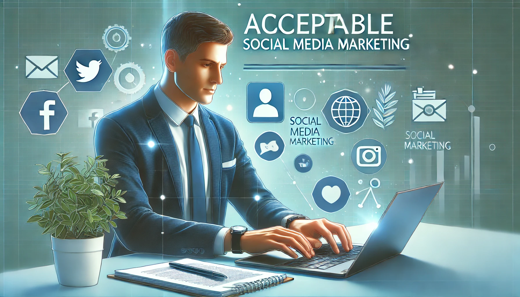 A modern and professional scene representing writing acceptable social media marketing articles with an individual typing on a laptop, social media icons, and a notepad.