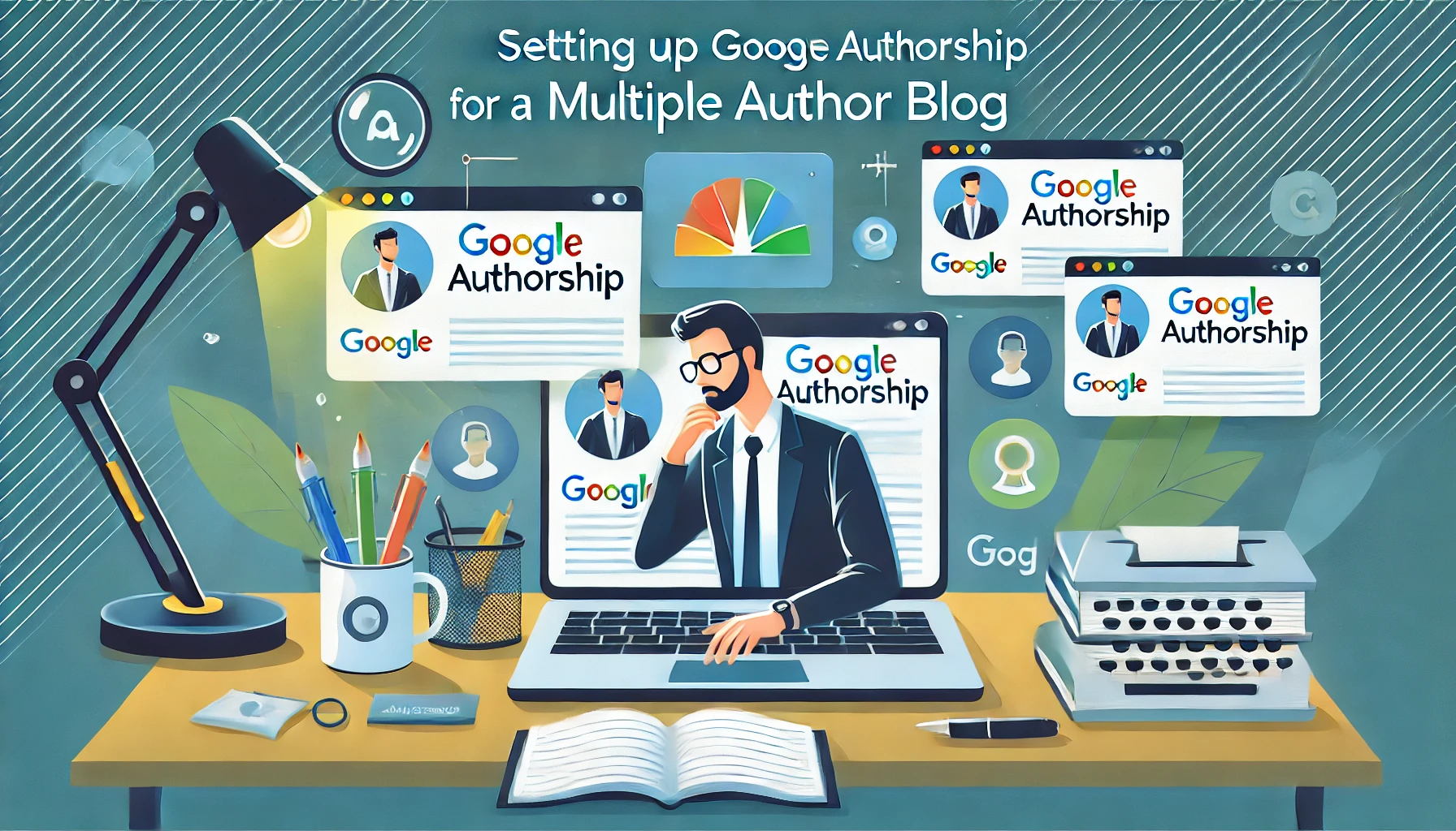 A modern and professional scene representing setting up Google Authorship for a multiple author blog, with an individual working on a laptop, Google icons, and multiple author profiles displayed on the screen.