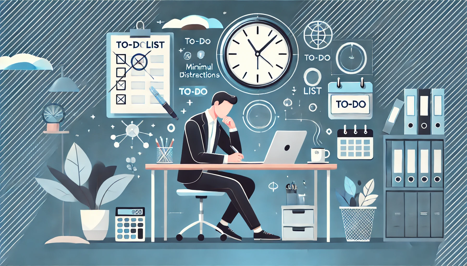 A modern and professional scene representing productivity hacks with an individual focusing on work at a clean and organized desk, featuring a clock, a to-do list, and minimal distractions.