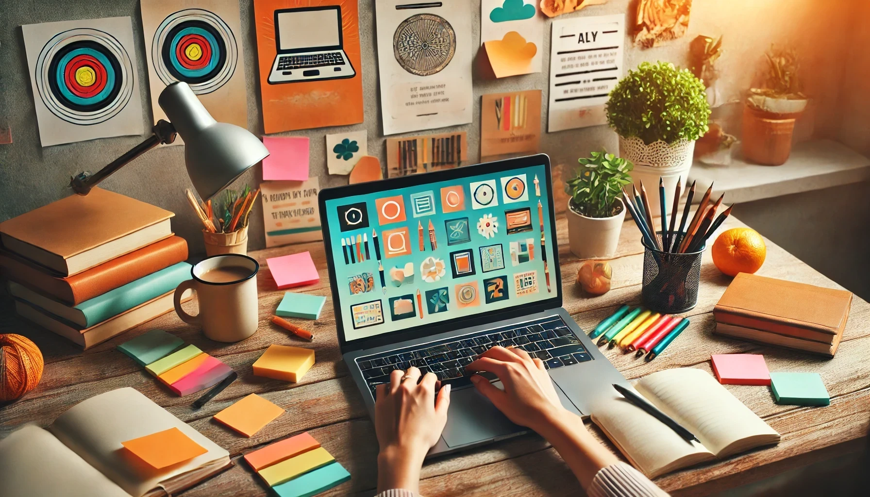 A creative and inspiring workspace scene featuring a person typing on a laptop with colorful sticky notes, a cup of coffee, and motivational posters around. The background includes elements like a plant, bookshelf, and soft lighting.