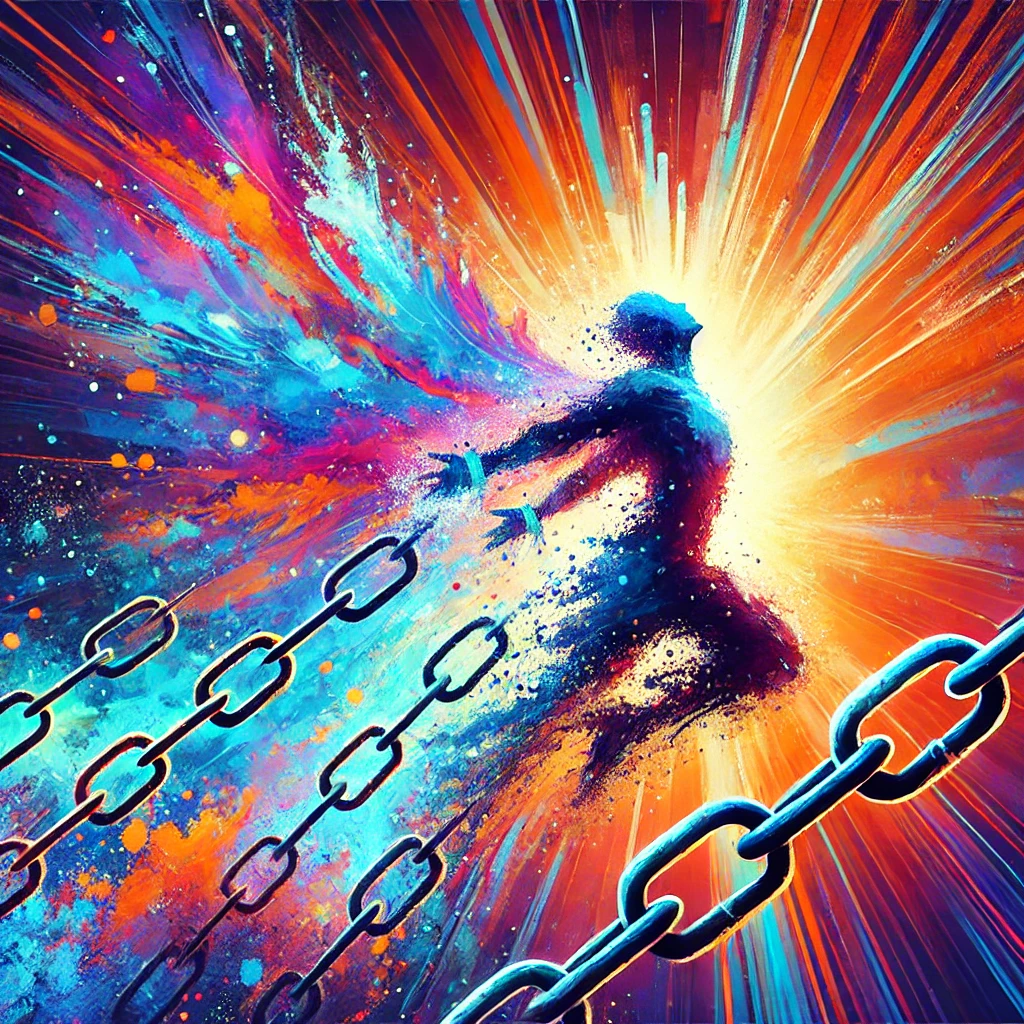 An abstract illustration of a person breaking free from chains, with vibrant colors symbolizing transformation and freedom.