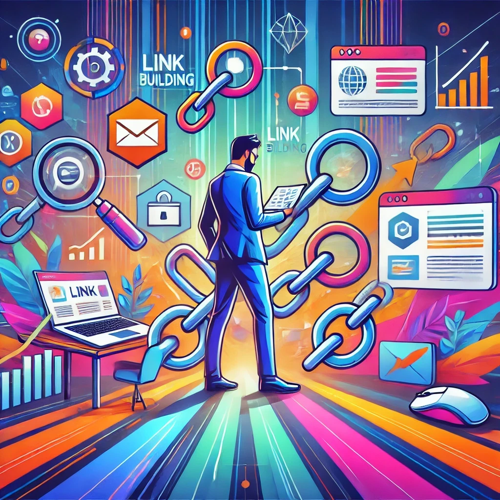 Professional buying links on competitor websites to boost site rankings with flowcharts, a laptop, marketing icons, and various tools for link building.