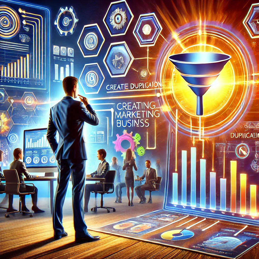 Professional creating duplication in their network marketing business with a computer screen displaying network marketing strategies, flowcharts, and an automated funnel system in a modern office setting.