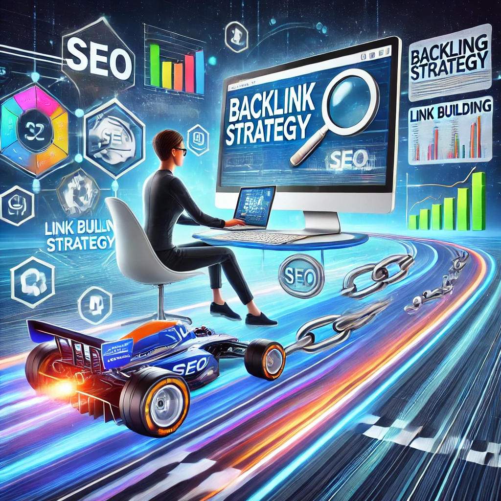 Professional creating the perfect backlink strategy with a computer screen displaying SEO tools, charts, and link building strategies, with a racing track in the background.
