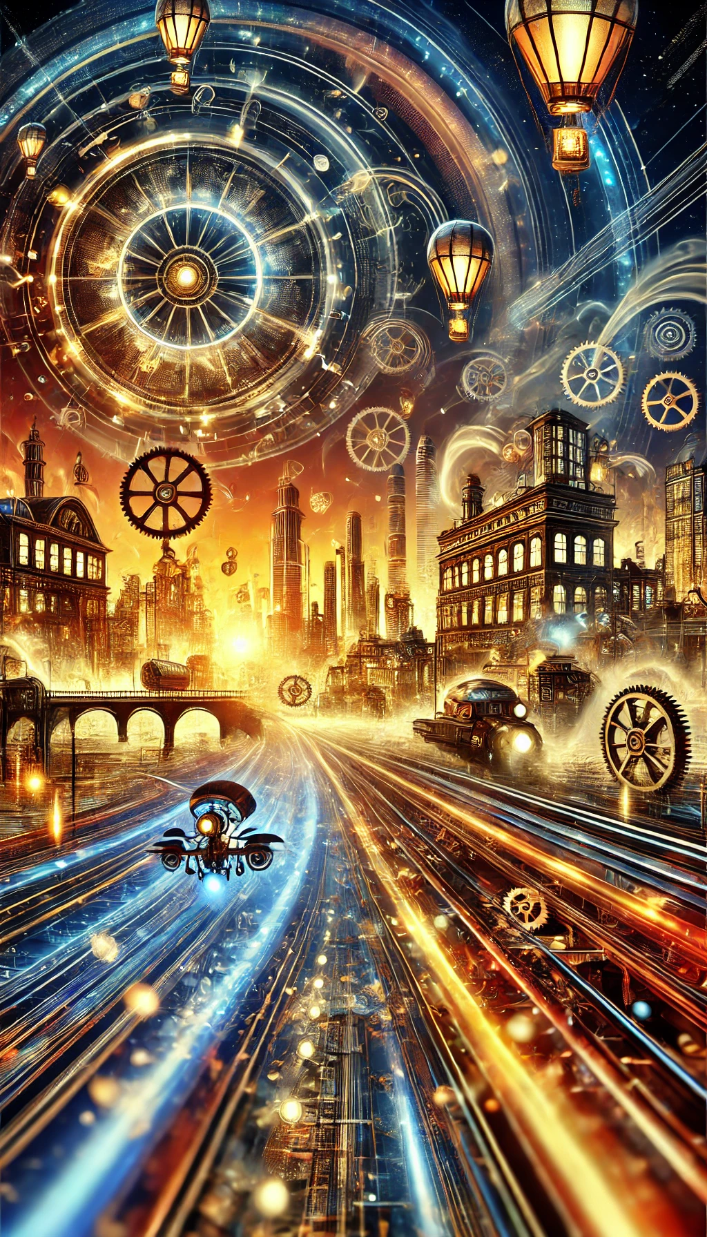 Vibrant abstract image of a futuristic cityscape at night in steampunk style, illuminated with warm lights and featuring Victorian-era architecture mixed with advanced technology.