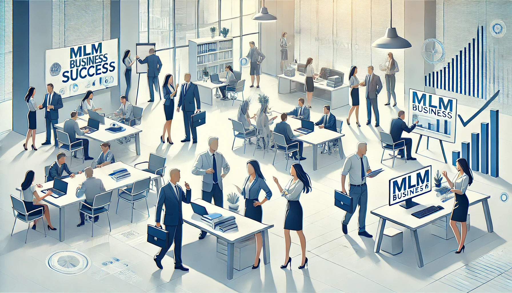 A modern and inspiring scene depicting MLM business success with individuals working towards their goals in a professional office setting. All individuals are fully visible with all body parts, including legs.