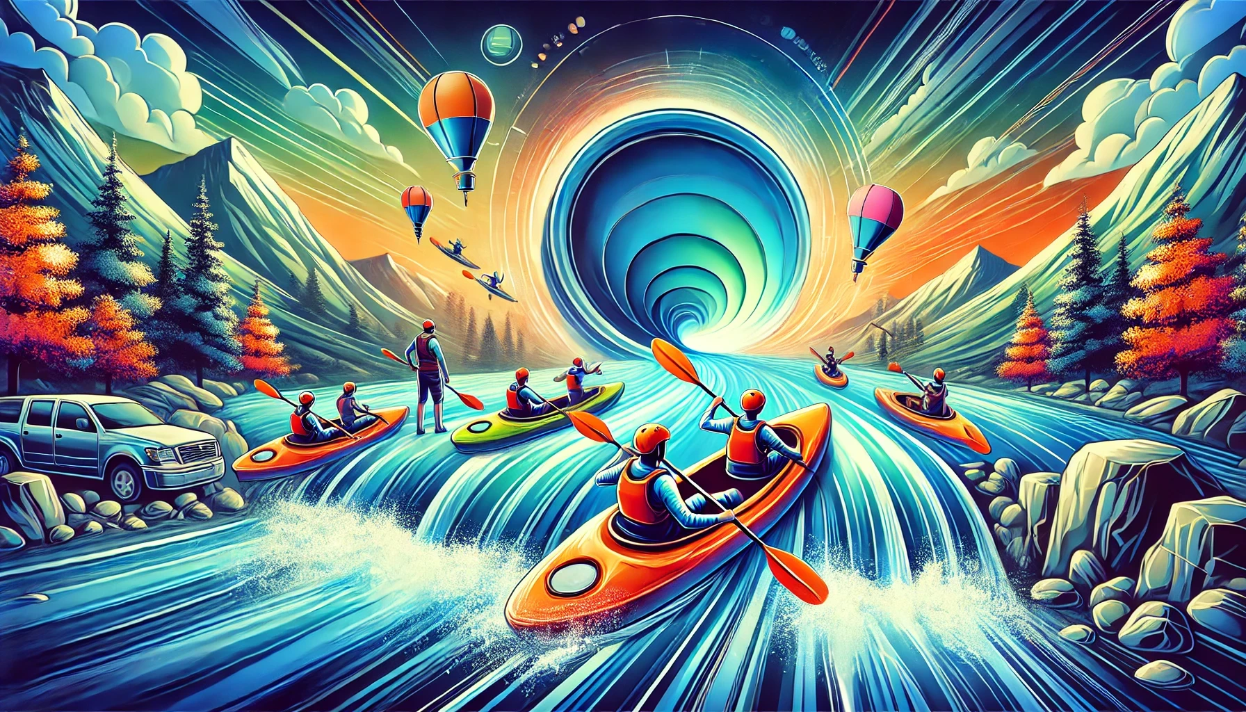 A dynamic and action-packed scene representing the excitement of the Perpetual Funnel System with individuals kayaking in a whitewater river.