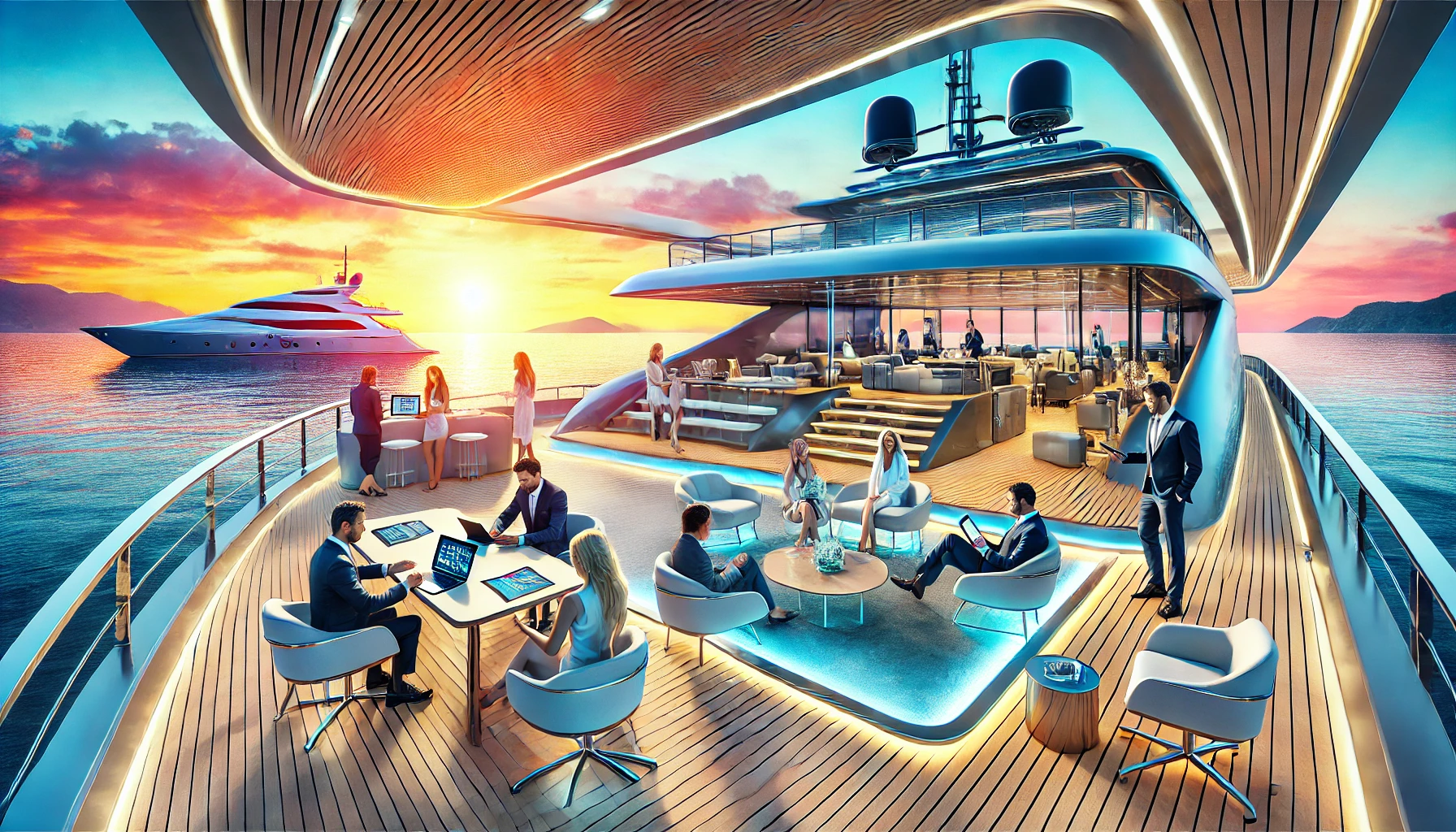 Luxurious yacht setting with people engaging in serious work discussions, overlooking a vibrant ocean sunset.