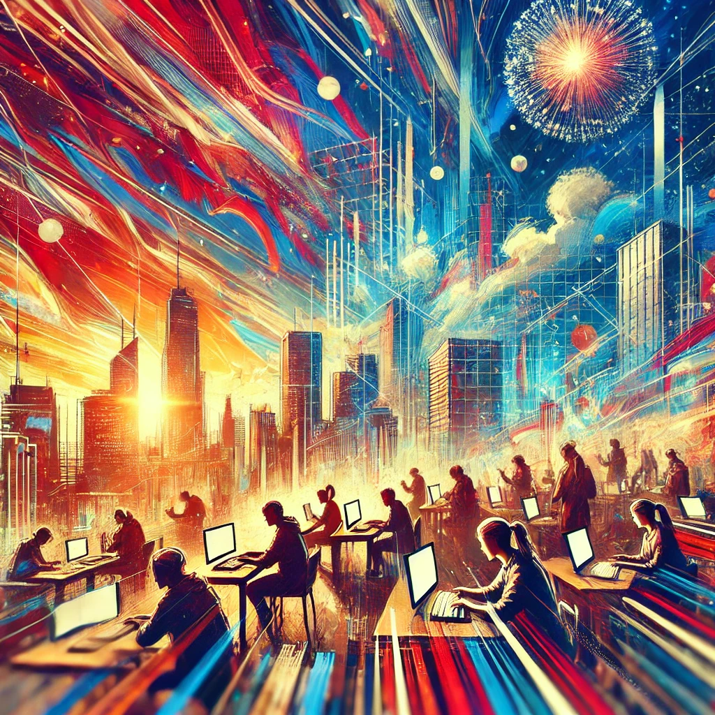 A vibrant and energetic scene with a bustling cityscape in the background. In the foreground, people are working seriously on their tasks. An explosion adds a dynamic element to the background, emphasizing perseverance and hard work.