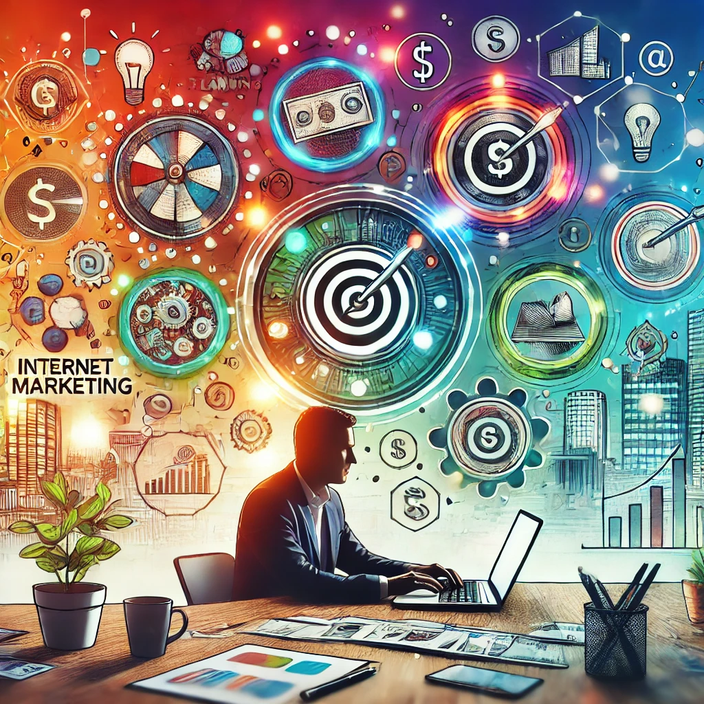 Person working on a laptop with various internet marketing icons and charts.