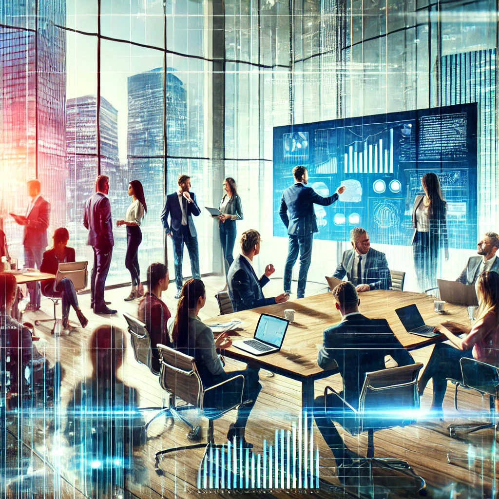 "A vibrant and dynamic scene of a business meeting in a modern office. People are engaged in discussion, some are presenting data on a large screen, while others are taking notes. The office has large windows showing a cityscape in the background."