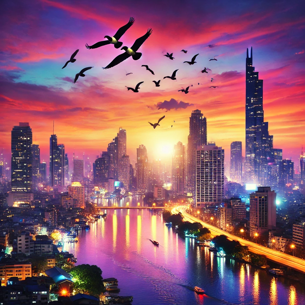 A vibrant and colorful image of a bustling cityscape at dusk, with tall skyscrapers, lights starting to twinkle, birds flying across the sky, and a river reflecting the buildings and setting sun. The sky is in warm hues of orange, pink, and purple, contrasting with the darkening city below.