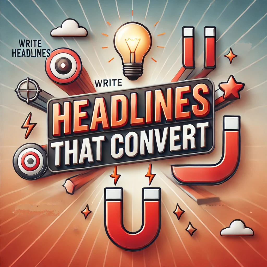 A large, bold headline text at the center, surrounded by elements like a lightbulb, a magnet, and an upward-pointing arrow, with a red and orange gradient background.
