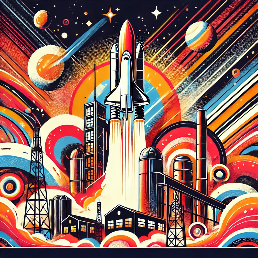 A vibrant abstract illustration featuring a rocket launching from a factory, with bold and colorful explosions in the background.