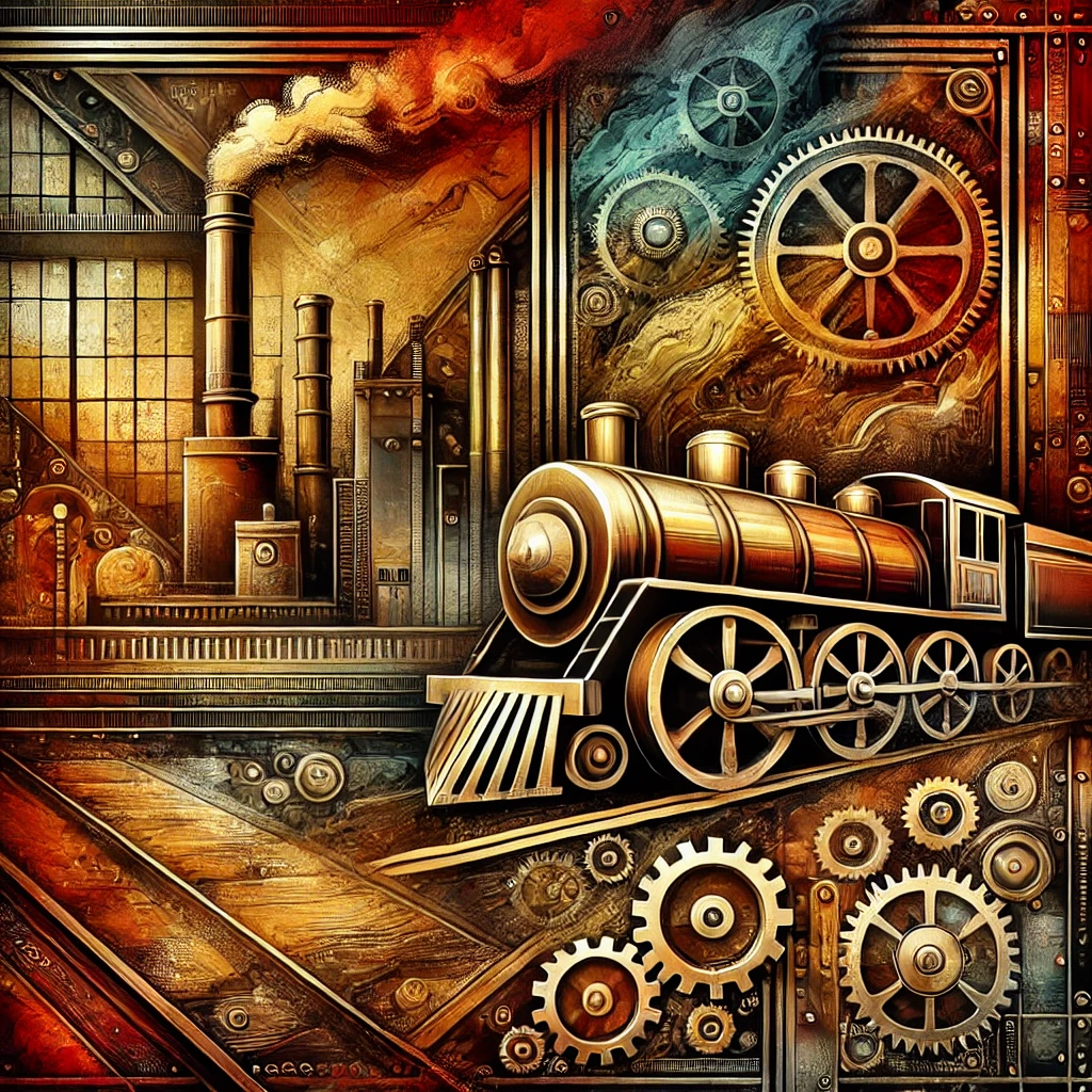 A bold and vibrant abstract steampunk design featuring a vintage look with a factory background and a steam engine.