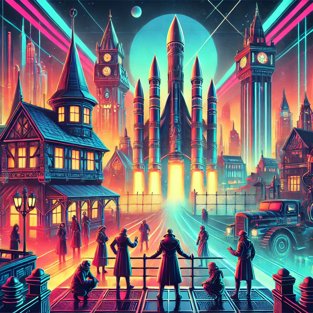 A blend of cyberpunk and medieval kingdom aesthetics with a futuristic castle, neon-lit streets, and a rocket launching from a medieval castle.