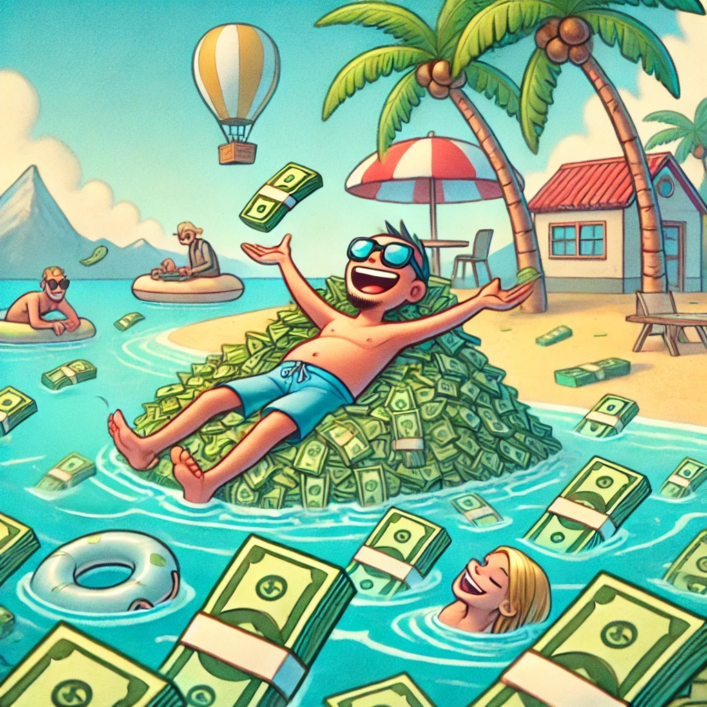 A funny cartoon-style image set on a paradise island with money floating around, featuring a playful and comedic atmosphere with no people present.