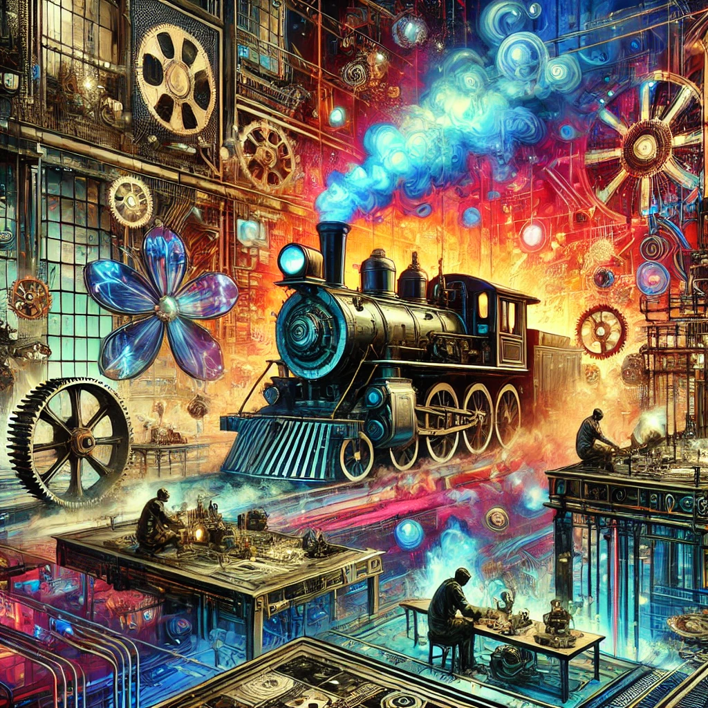 A surreal and abstract scene combining cyberpunk and steampunk elements, featuring a futuristic cityscape and a steam engine factory with vibrant neon lights and industrial machinery.