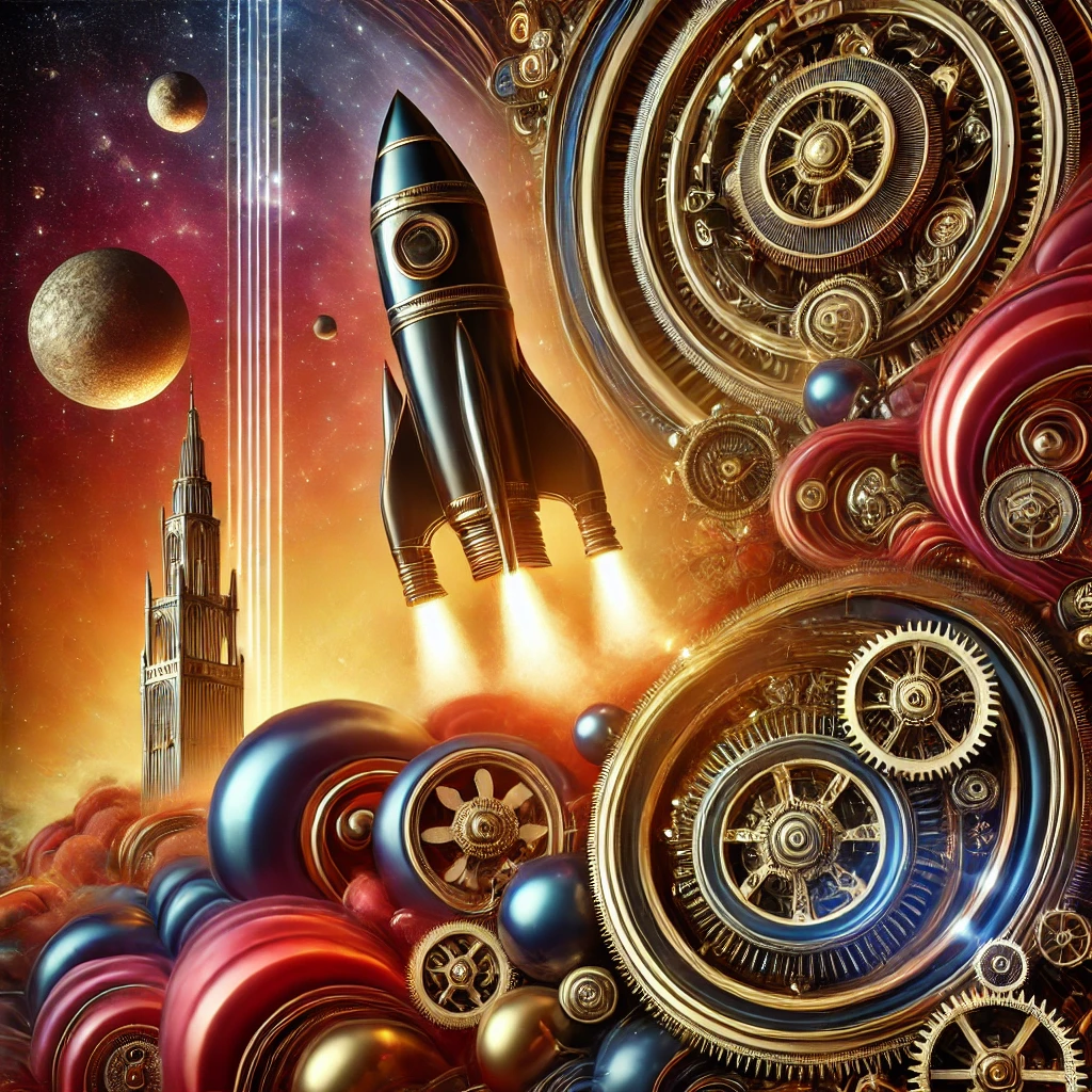 A steampunk-inspired abstract image with vibrant colors, featuring a rocket soaring through space, highlighting the opulence of the scene.