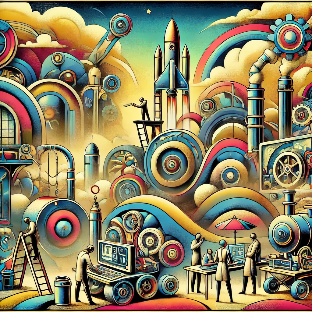A whimsical cyberpunk-style image featuring a futuristic factory, with bold colors and a group of people working seriously on advanced machinery, accompanied by a rocket and a steam machine in the background.