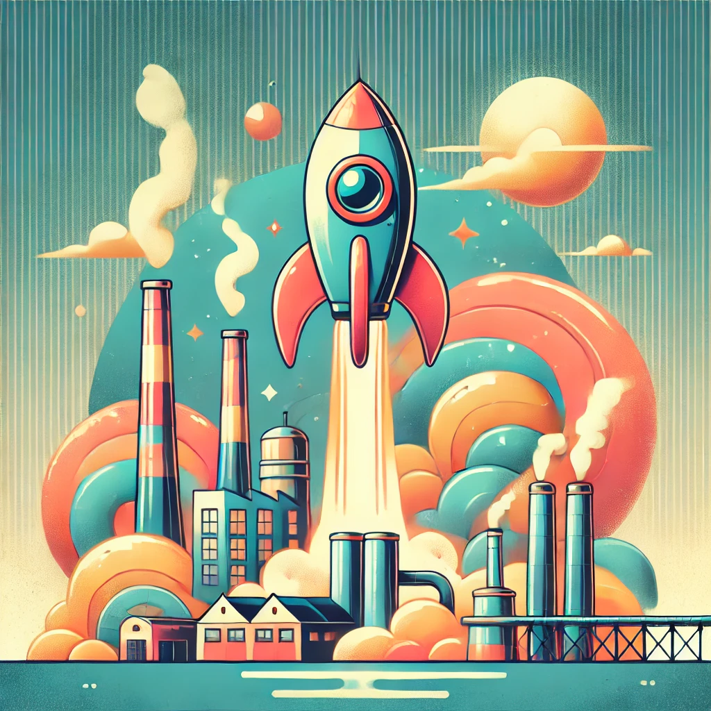 A playful cartoon-style rocket launching into the sky from a factory, surrounded by fluffy clouds and vibrant colors.