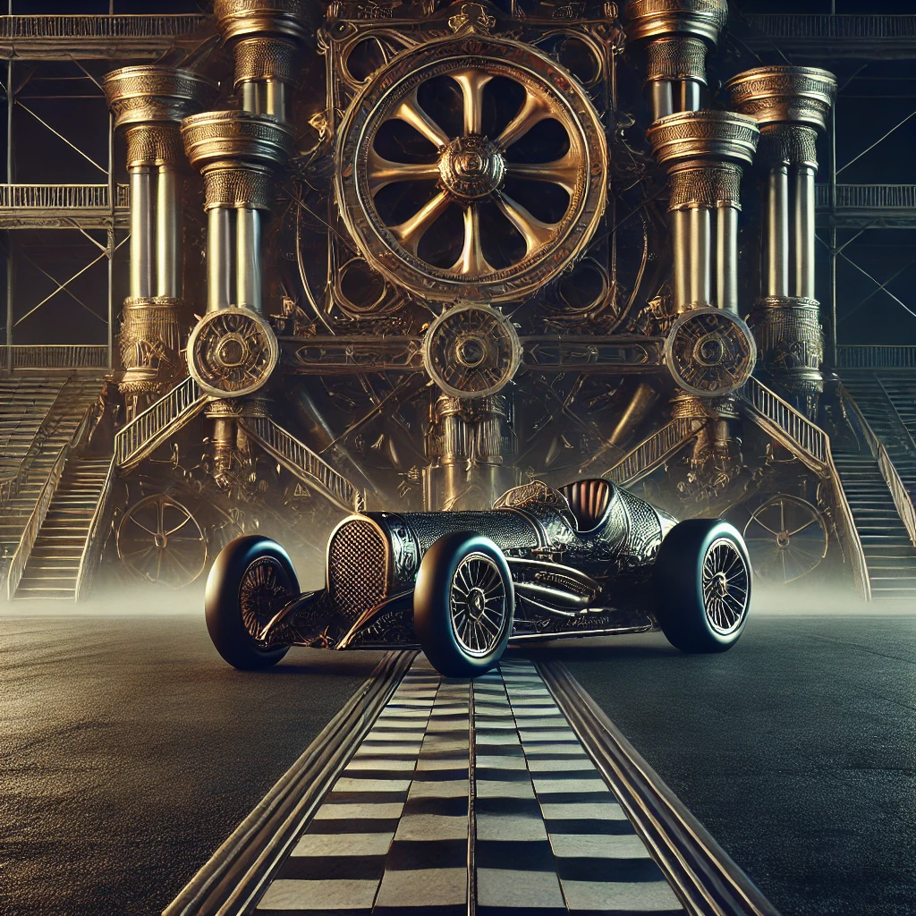 "Steampunk-inspired scene on a dark racetrack with a large steam machine in the background."
