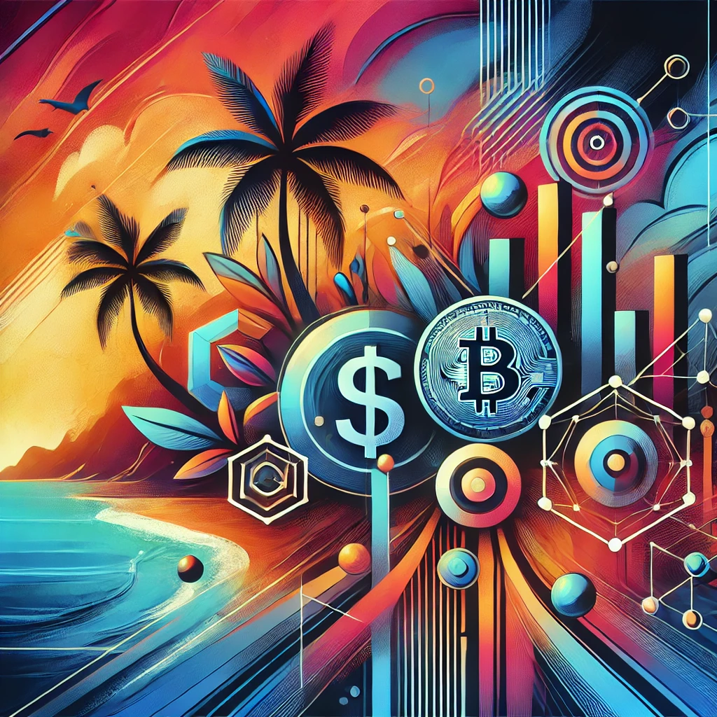 Abstract image representing themes of financial freedom, success, and networking with vibrant colors, showing hints of wealth, connection, and growth against a paradise island backdrop.