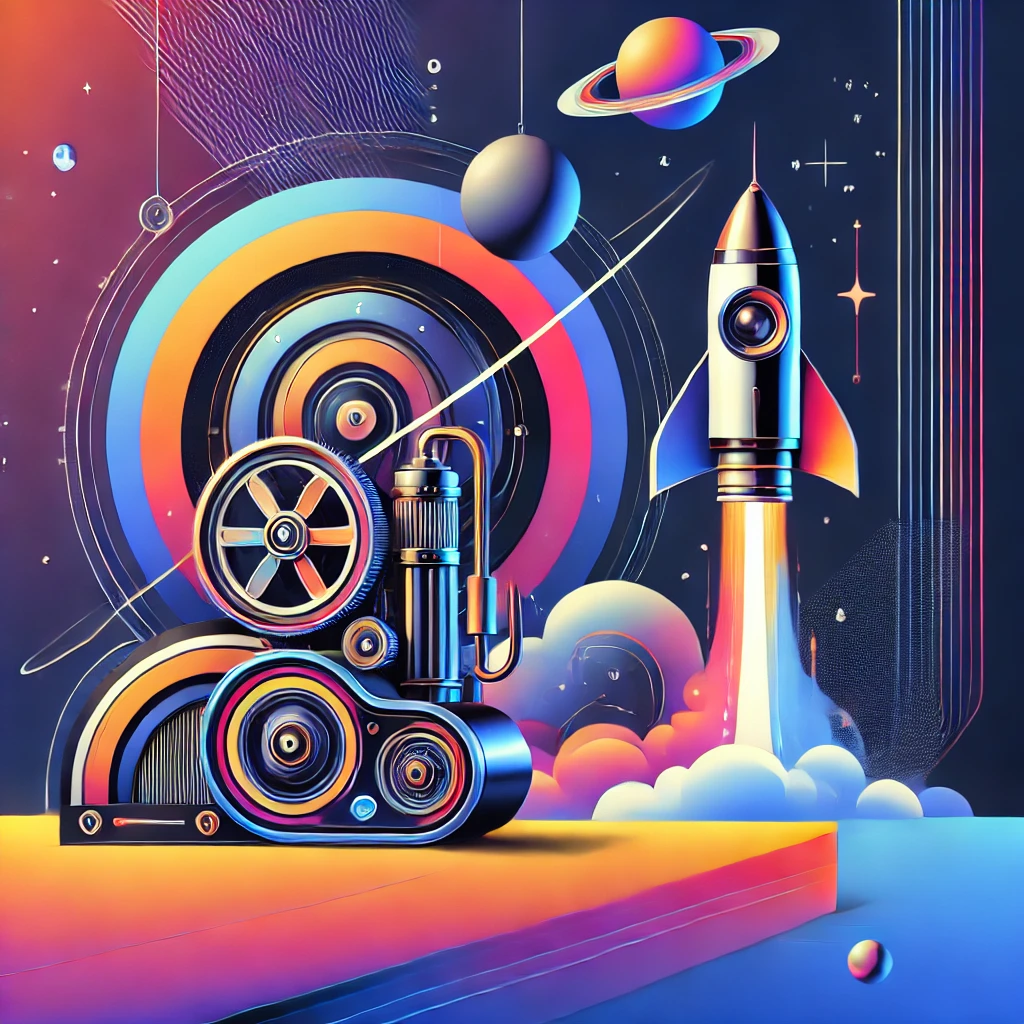 A vibrant abstract image featuring a steam machine and a rocket set against a bold and vibrant space background.