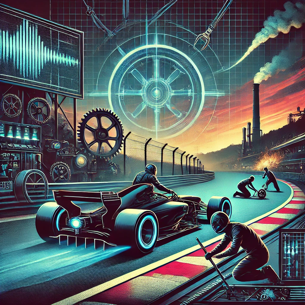 A dark, cyberpunk and medieval-themed scene set on a racetrack. People are working seriously with one person involved in a crash. A steam machine and an explosion are visible in the background.