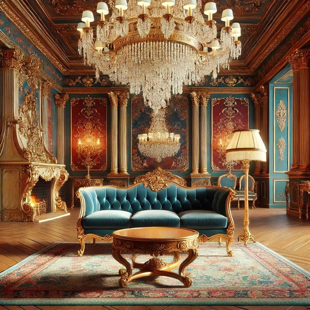 Lavish French mid-century interior with a grand chandelier, ornate furniture, and a fireplace.